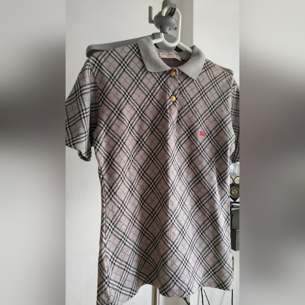 Authentic Burberry Plaid Polo Shirt with gold Burberry button's - Picture 5 of 10